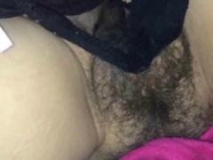 Ejaculating his cum out of reach of her hairy pussy